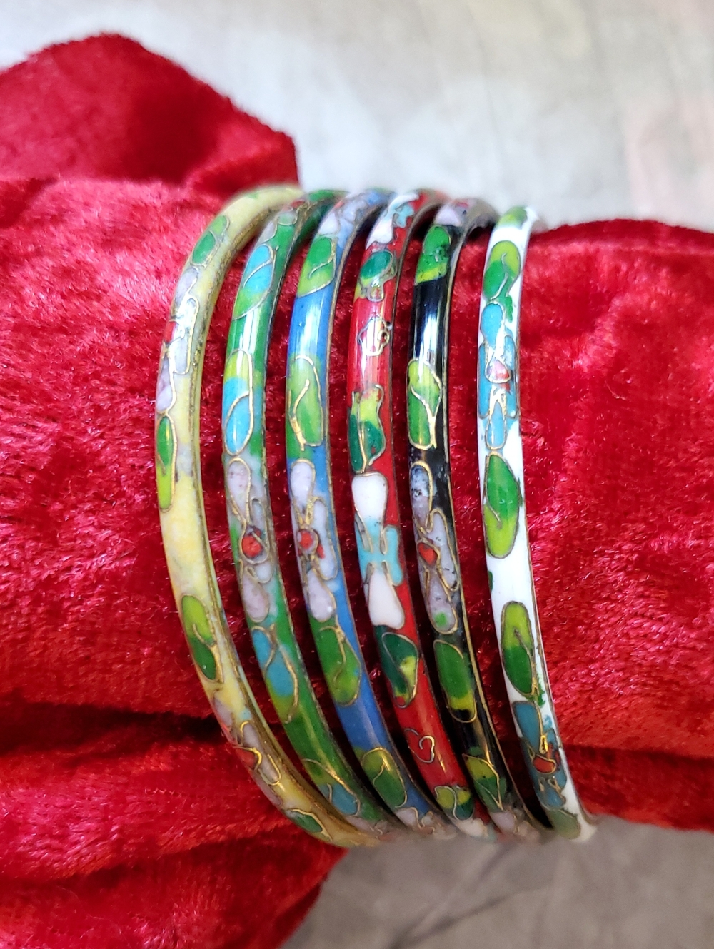 Vintage Cloisonné Floral Enamel Bangle Bracelet 6 Pc Set Mixed Colors